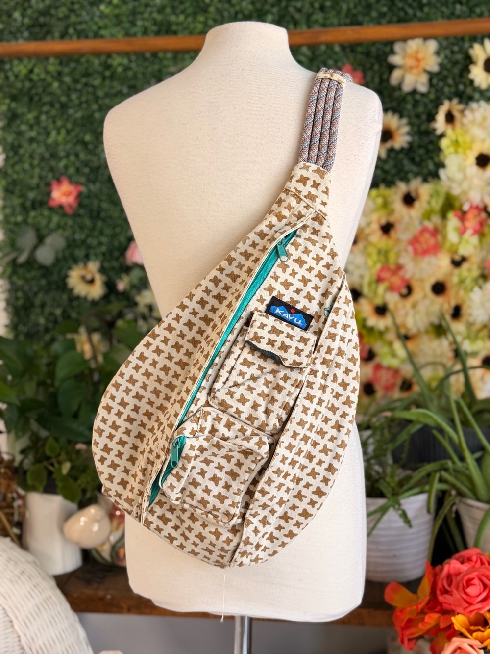 Kavu Beige and Teal Patterned Crossbody Sling Bag